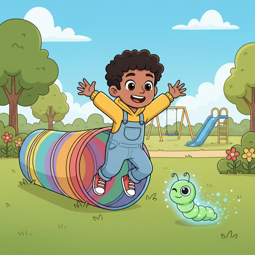 With one final joyful push, Milo popped out of the tunnel and landed softly back in his favorite sunny park! He waved goodbye to his glow-worm friend, who winked before disappearing. Milo grinned, ready for more adventures, but happy to be home.
