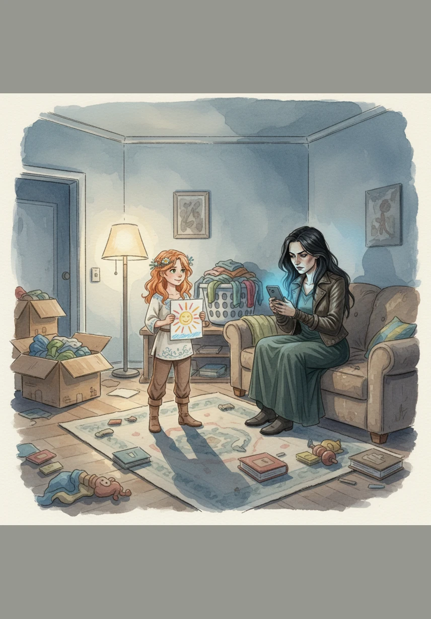 Lily holds up a colorful drawing of a sun, but her mother, Vanessa, remains hunched over her phone, her face illuminated only by the cold blue light. The living room is cluttered with discarded boxes and piles of laundry, casting long, messy shadows across the floor.
