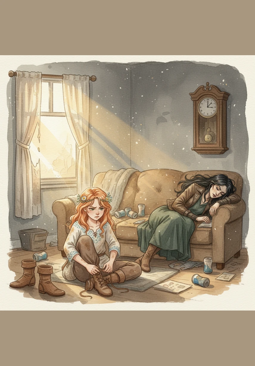 The morning sun peeks through dusty curtains as Lily struggles to tie her own laces, her clothes stained and far too small for her growing frame. Vanessa remains asleep on the couch, surrounded by empty cans, oblivious to the school bell that will soon ring.
