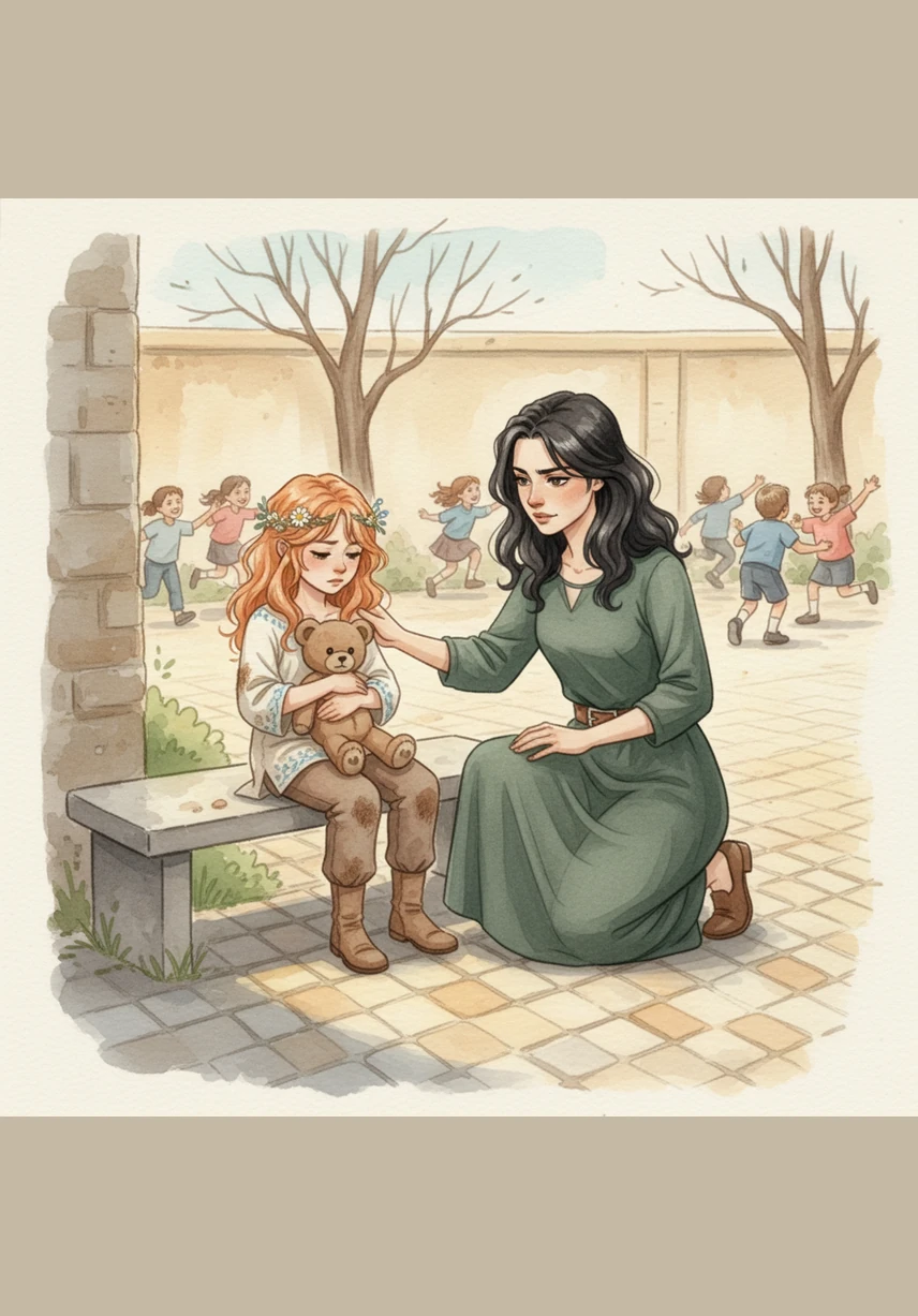 At school, a concerned teacher gently places a hand on Lily's shoulder, noticing the girl's frayed sleeves and the deep exhaustion in her young eyes. While the other children play loudly during recess, Lily sits quietly in the corner, clutching a tattered teddy bear for comfort.