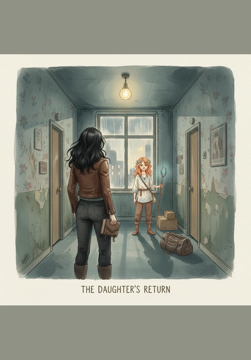 A neighbor watches from across the hall as Lily sits alone on the cold apartment steps late at night, waiting for a door to be unlocked. The hallway is silent except for the muffled sound of Vanessa’s angry voice echoing from behind the locked door as she argues on the phone.