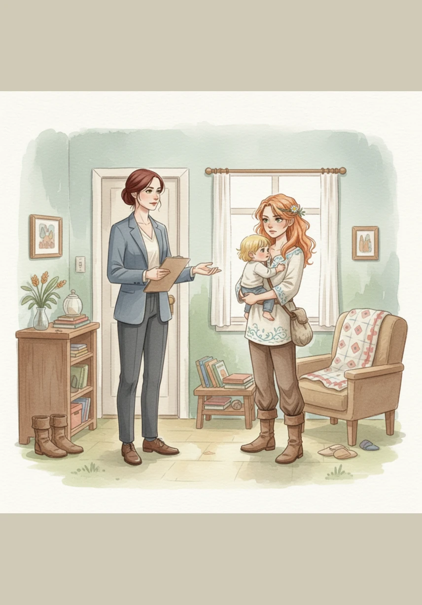 There is a firm knock on the door, and a social worker named Sarah enters with a calm but serious expression to assess the home. Vanessa gestures wildly in defense, while the apartment’s neglect is laid bare under the professional gaze of the visiting officer.