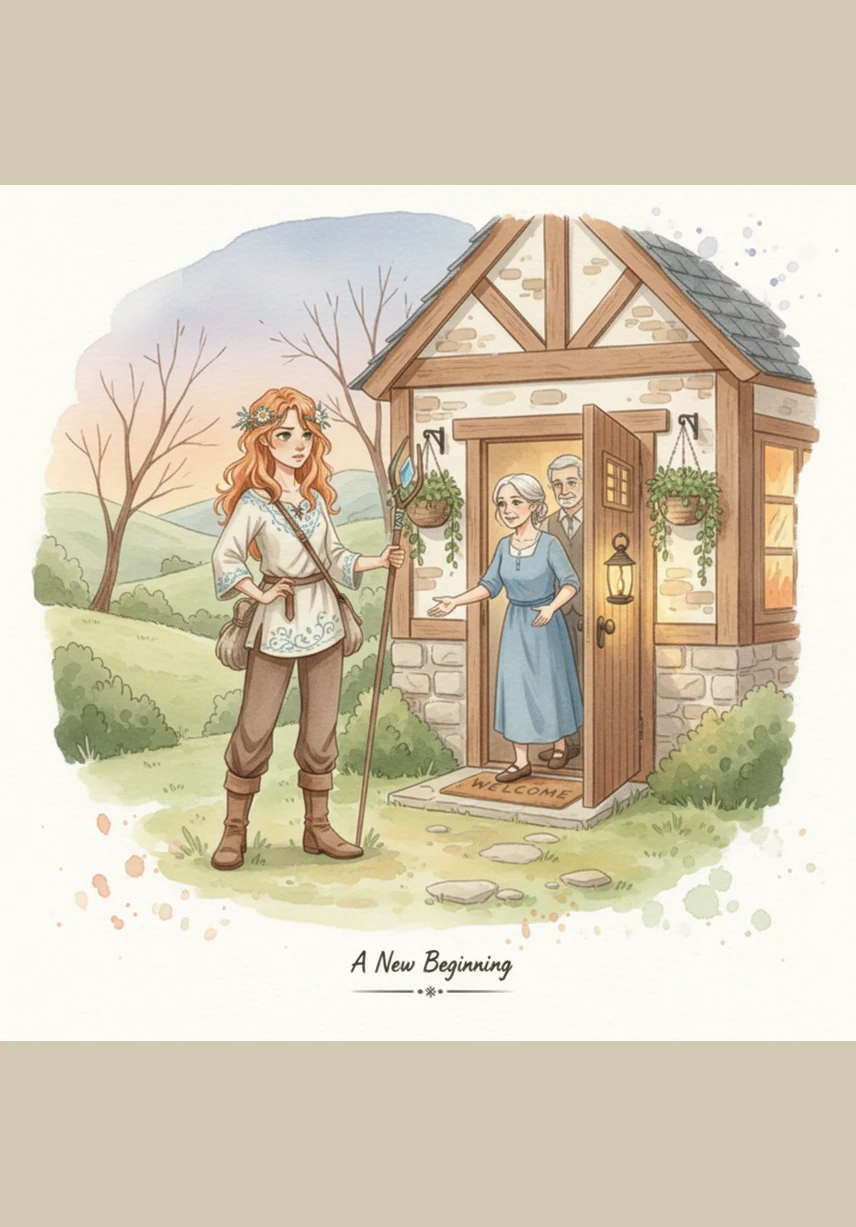 Lily arrives at a new house where the air smells of vanilla and the rooms are filled with soft, warm light from the lamps. A kind woman kneels down to greet her at eye level, offering a clean plate of warm food and a bed with fresh, floral sheets.