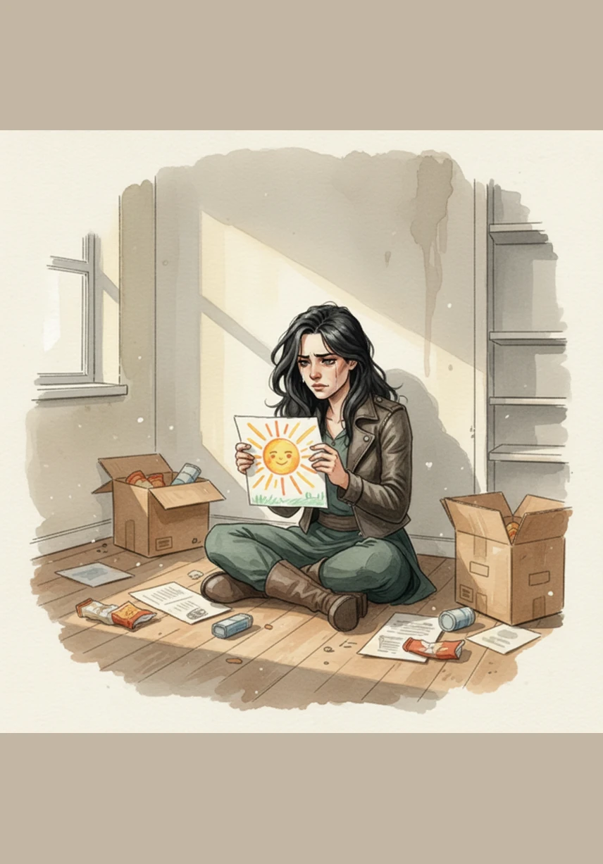 Back in the silent apartment, Vanessa sits on the floor amidst the mess, finally picking up the drawing of the sun that Lily made days ago. The vibrant colors in the picture seem to mock the gloom of the empty room, forcing her to finally confront the weight of what she has lost.