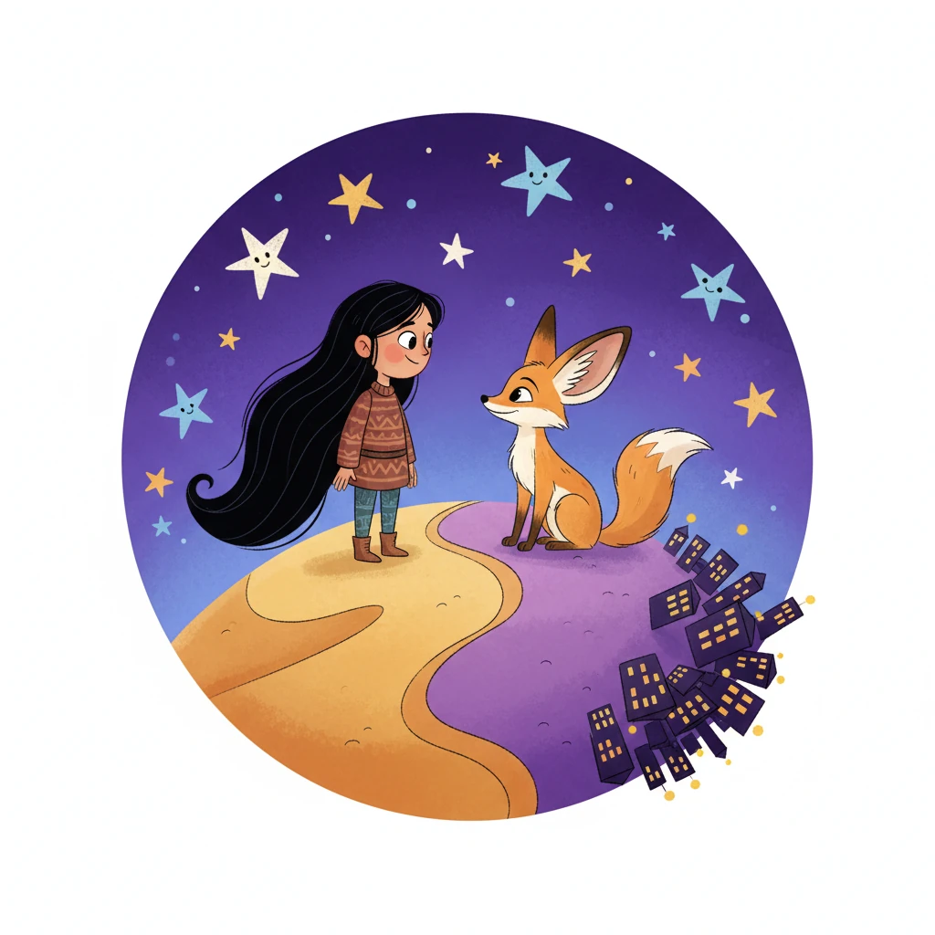 On a whimsically small, rounded planet, Ella, with her long black hair, stands facing the curious fennec fox, Vin. Bold, clean outlines define their expressive forms against a vibrant, deep purple night sky, studded with cheerful, exaggerated stars. One side of the planet features soft, rolling desert dunes in warm ochre, while the other shows a tiny, distant city silhouette glowing with bright, simplified lights. The overall feel is a friendly, animated watercolor texture with smooth, flowing lines, inviting children to a heartwarming adventure.
Star One, Two — A Conversation between Ella and Vin
With love, to Ella
