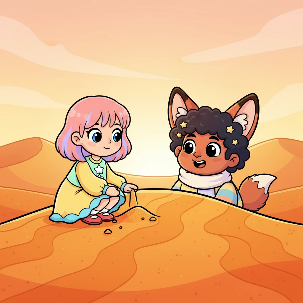 A close-up view captures Ella, her simplified features showing gentle curiosity, as she carefully observes the sand on a vibrant, orange dune. Beside her, Vin, with his comically large, sparkling eyes and exaggerated ears, playfully peeks up, his fennec fur a warm, bold reddish-brown. A soft, cheerful evening glow in pastel yellows and oranges washes over them, highlighting their dynamic poses and the friendly interaction.
"Where did you come from?" Vin asked in a low, soft voice. Ella replied with a chuckle, "From far away. I came to live in a new land." That's how they first came to know each other.