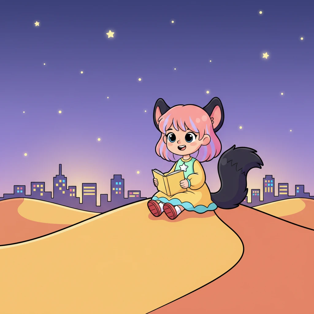 Ella and Vin sit comfortably on a smooth, slightly exaggerated sand dune, their forms outlined cleanly against the soft purple of the twilight sky. Ella, with an open, friendly expression, holds a small, simplified notebook on her lap, while Vin, his bushy tail curled neatly, has his large, expressive ears perked up in an endearing, attentive pose. Tiny, glowing cartoon stars twinkle in the distance, alongside the exaggerated, cheerful lights of a far-off city.
"My name is Ella."
"I am Vin."
Their short names echoed softly among the stars. The awkwardness vanished the moment they called each other's names.