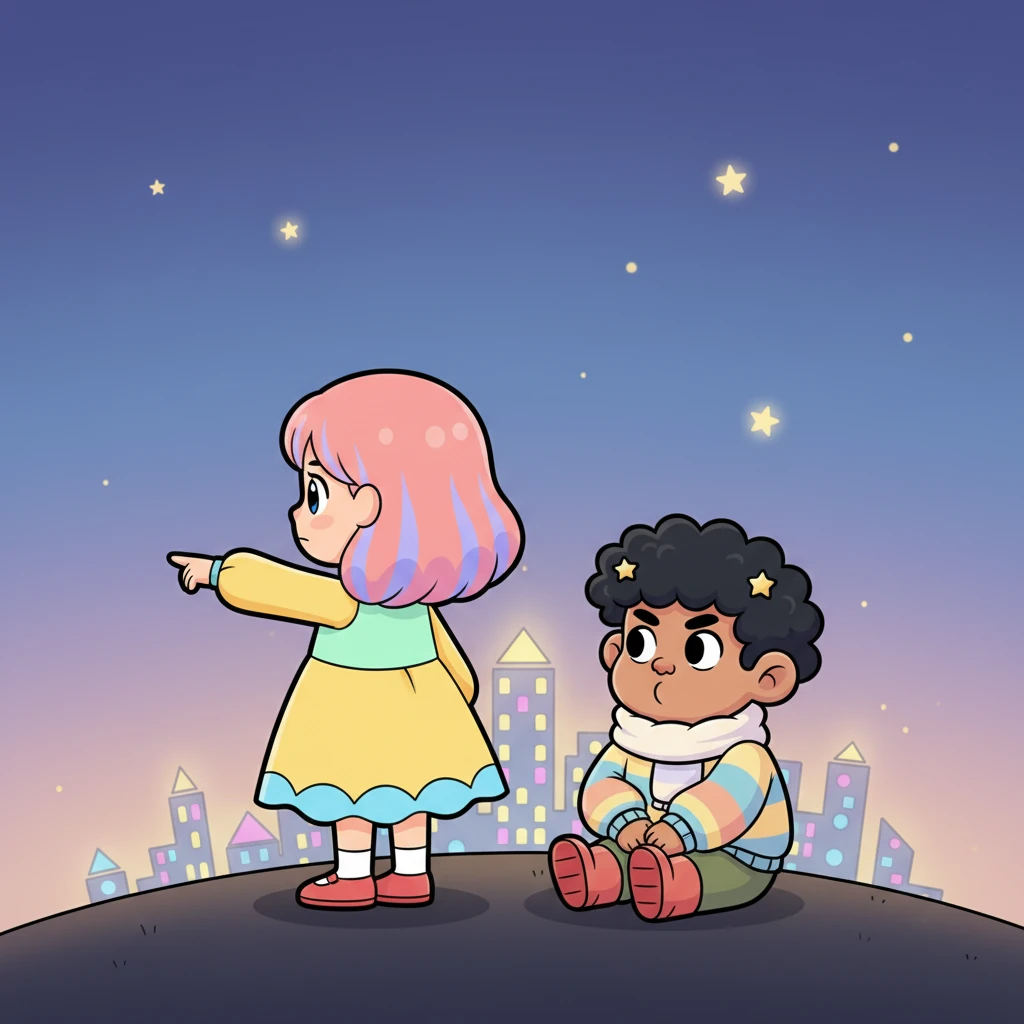 Ella stands, her silhouette boldly outlined against the soft, distant city, which appears as a playful cluster of geometric shapes and lights. Her face, though simplified, conveys a touch of weariness but also a strong, determined expression, her arm gestured towards the horizon. Vin, with his comically serious expression, sits attentively, his large ears tilted to listen, embodying a sense of deep, supportive friendship in warm, earthy tones.
Ella said in a small voice, "Living here isn't easy. The language is different, there are no familiar faces... Sometimes I feel alone." Vin nodded, listening intently. "Still, you are here."