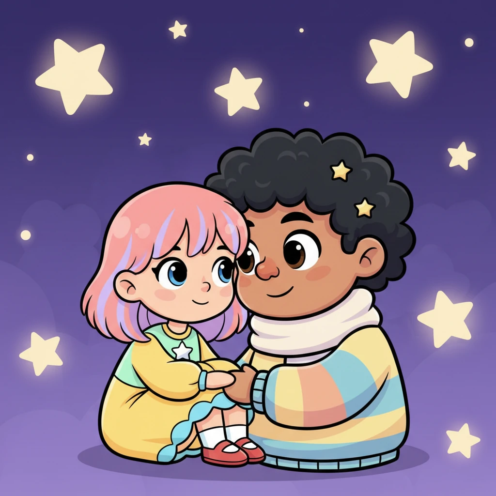 In a tender close-up, Ella and Vin are snuggled together under a vast, comforting night sky, painted in rich, soft purples and blues with playful, oversized stars. Ella's simplified form is curled, knees drawn to her chest, her expression gentle and reflective. Vin, with an exaggerated sense of closeness, has his nose almost touching Ella's arm, his large, expressive eyes conveying deep connection, all rendered with smooth, flowing lines and a soft, warm glow.
"When I'm alone, I see many stars," Ella chuckled. "But sometimes, even the stars feel too far away." "I get lonely in the desert sometimes too," Vin said. "That's why meeting someone is a great joy." Ella's eyes softened at his words.