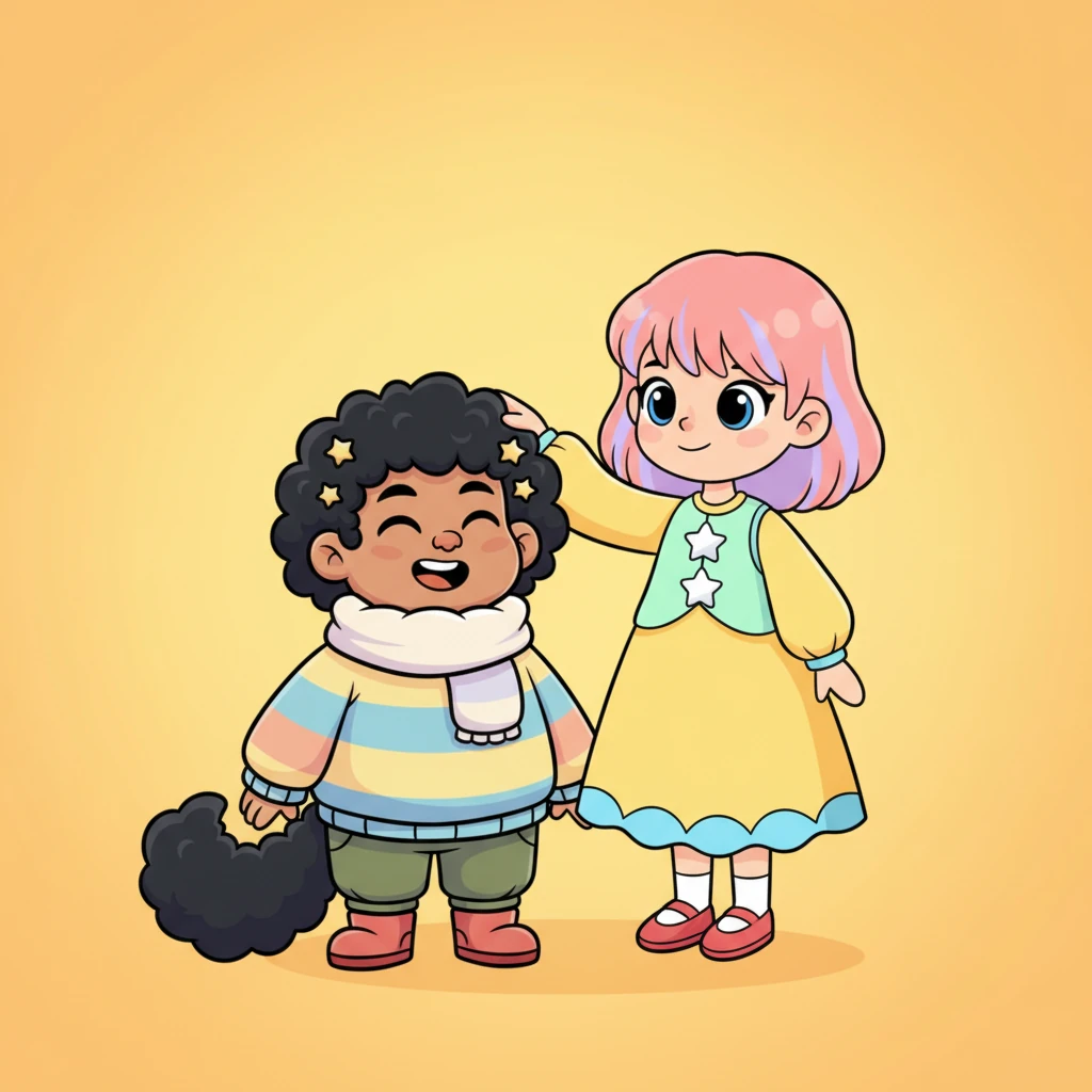 Ella's hand, depicted with soft, rounded lines, gently rests on Vin's head, which is tilted back in pure, exaggerated comfort, his eyes comically closed in bliss. The scene is bathed in a warm, cheerful yellow light, emanating a feeling of deep affection and security. Vin's bushy tail is curled contentedly, and Ella's expression is one of serene joy, all outlined with bold, clean strokes.
"Thank you for being by my side," Ella softly whispered. Vin wrapped his tail around himself and replied, "I feel strong knowing you are here too." A small, precious promise settled between them.