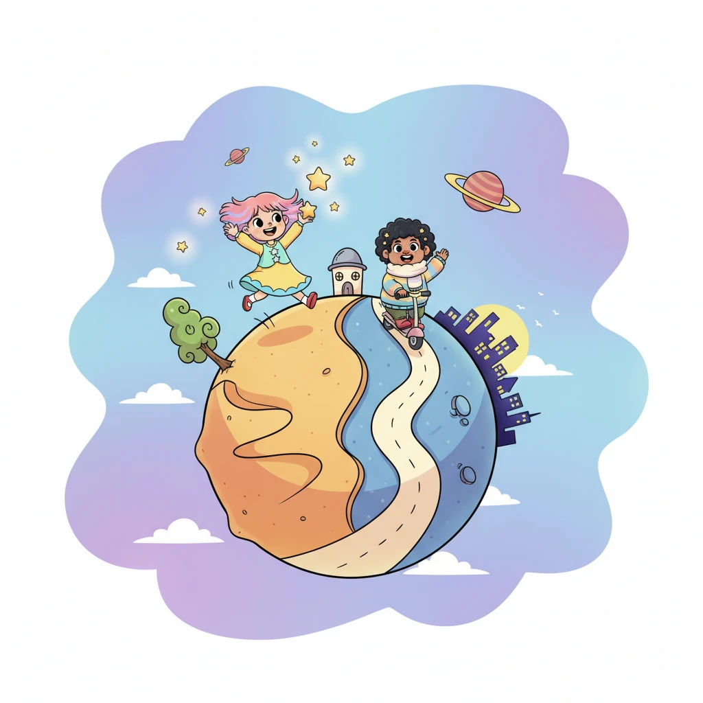 A vibrant, cartoon-like panoramic view of the small, round planet. One side bursts with the warm, exaggerated curves of sand dunes, while the other features a playfully winding, simplified road leading to a distant, brightly lit city silhouette. A tiny, hand-drawn house with a whimsical tree stands in the middle, connecting the two landscapes. The sky above is a soft blend of pastel blues and purples, adorned with friendly, glowing stars and planets, all rendered with smooth, flowing lines and a lighthearted touch.
The planet wasn't large, but it held many stories. Within it, Ella and Vin shared their small worlds.