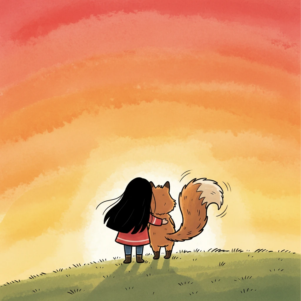 From behind, Ella and Vin stand side-by-side on a gentle slope, their simplified forms silhouetted against a breathtaking, exaggerated sunset. The sky is a cheerful explosion of warm oranges, soft reds, and comforting yellows, blending like a watercolor painting. Ella's long, black hair is playfully ruffled by an unseen breeze, while Vin's bushy tail wags with an energetic, happy curve beside her, their dynamic poses conveying shared contentment.
"When things are hard here, I think of you," Ella said, and Vin snuggled closer. "Me too. With you, this place becomes home." They realized what a great comfort their presence was to each other.