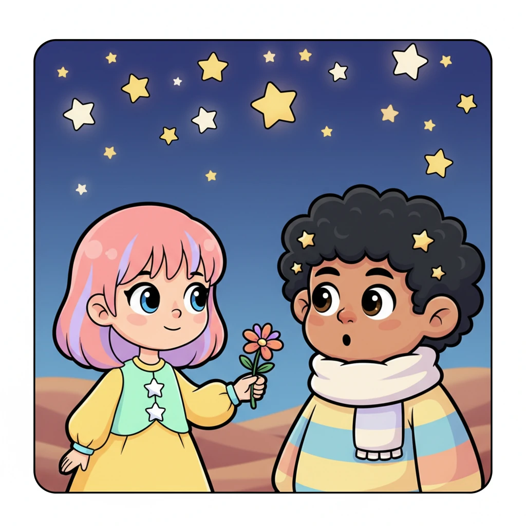 A heartwarming close-up shows Ella and Vin facing each other under a soft, twinkling canopy of playful, cartoon stars. Ella, with a tender smile, extends a small, vibrantly colored desert wildflower towards Vin. Vin's large, expressive eyes sparkle with wonder and affection, his exaggerated ears perked, creating a moment of sweet, simple romance and deep connection, captured with bold outlines and warm, inviting pastel tones.
Ella handed him a small flower and said, "You are the strangest friend I've chosen, but also the most precious." Vin's eyes sparkled as he replied, "And you are the kindest person I've ever met." Their two hearts quietly touched.