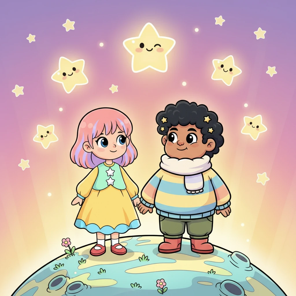 The story concludes with a joyful return to the small, round planet, now bathed in even brighter, warmer colors, radiating happiness. Ella and Vin stand together, their expressive faces beaming as they gaze at each other. The sky above is a cheerful blend of soft purples, pinks, and yellows, dotted with exaggerated, friendly stars, symbolizing their enduring bond and the bright future they share.
From that day on, Ella and Vin made an extra star shine for each other.
Even in a distant, unfamiliar land, together, it became home, and every day a celebration.
— To my dearest Ella, on Valentine's Day. May I always be by your side.