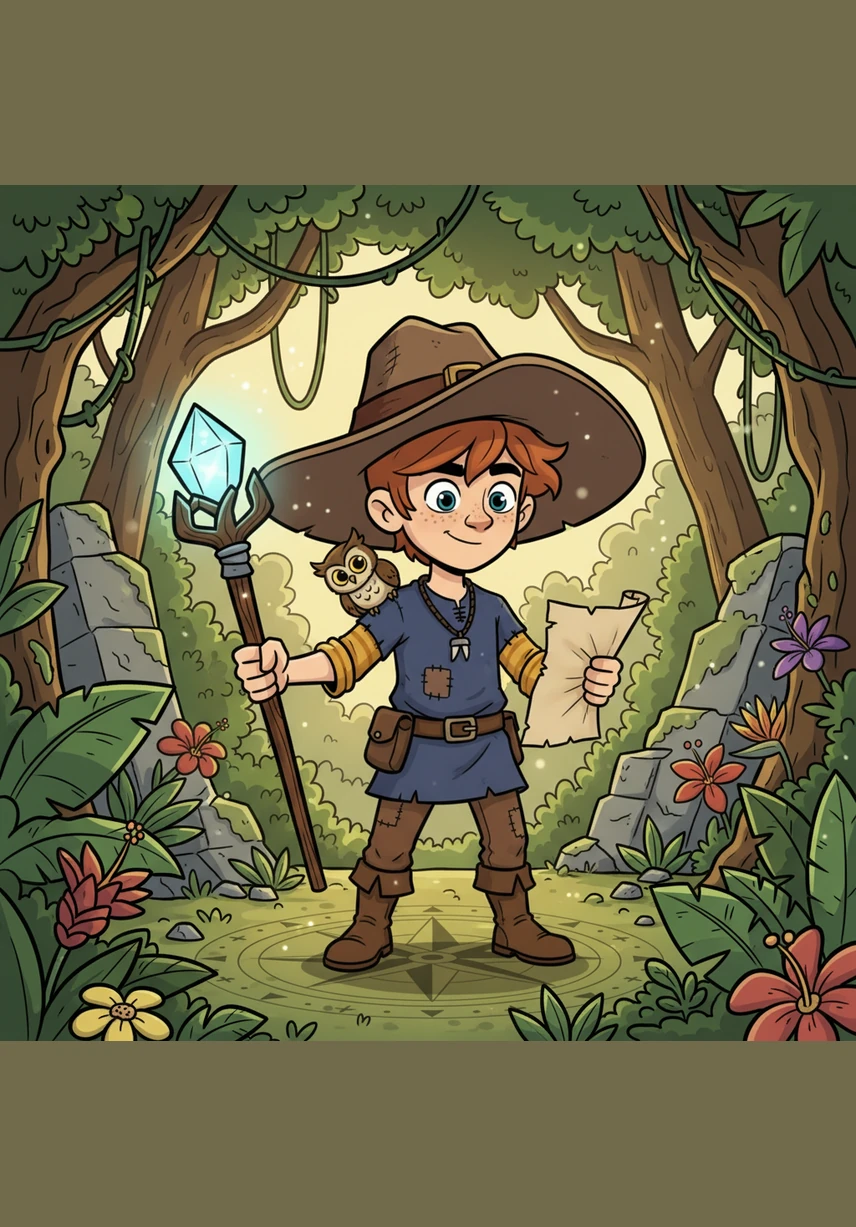 Bristol is a young explorer with a big hat and a curious heart, standing at the edge of his village. On this sunny morning, he prepares to find the Legendary Tall Waterfall of the Wild Valley, checking his map and adjusting his boots for the long journey ahead.