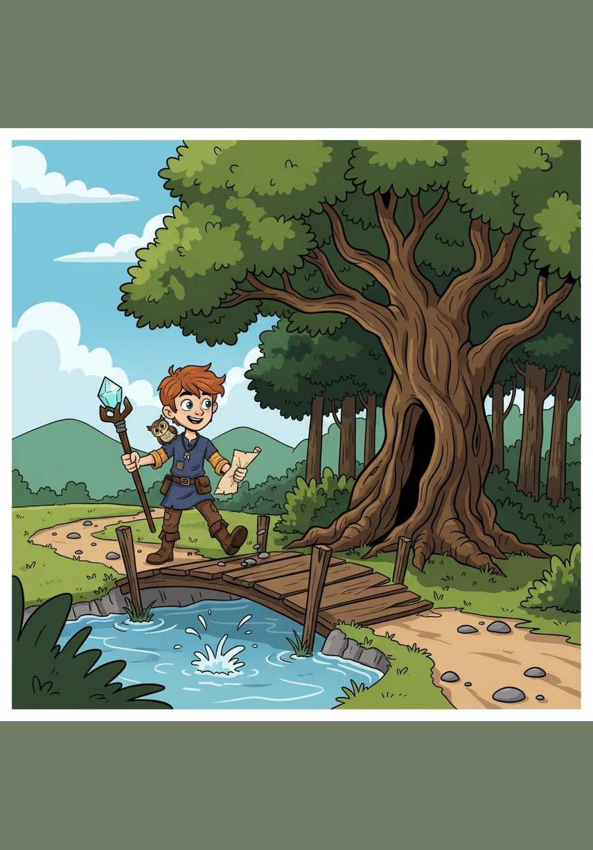 As Bristol treks along the path, he kicks small pebbles and crosses a crooked wooden bridge over a bubbling brook. He passes a giant, shady tree that marks the entrance to the deep wilderness, feeling the excitement of the unknown with every step.