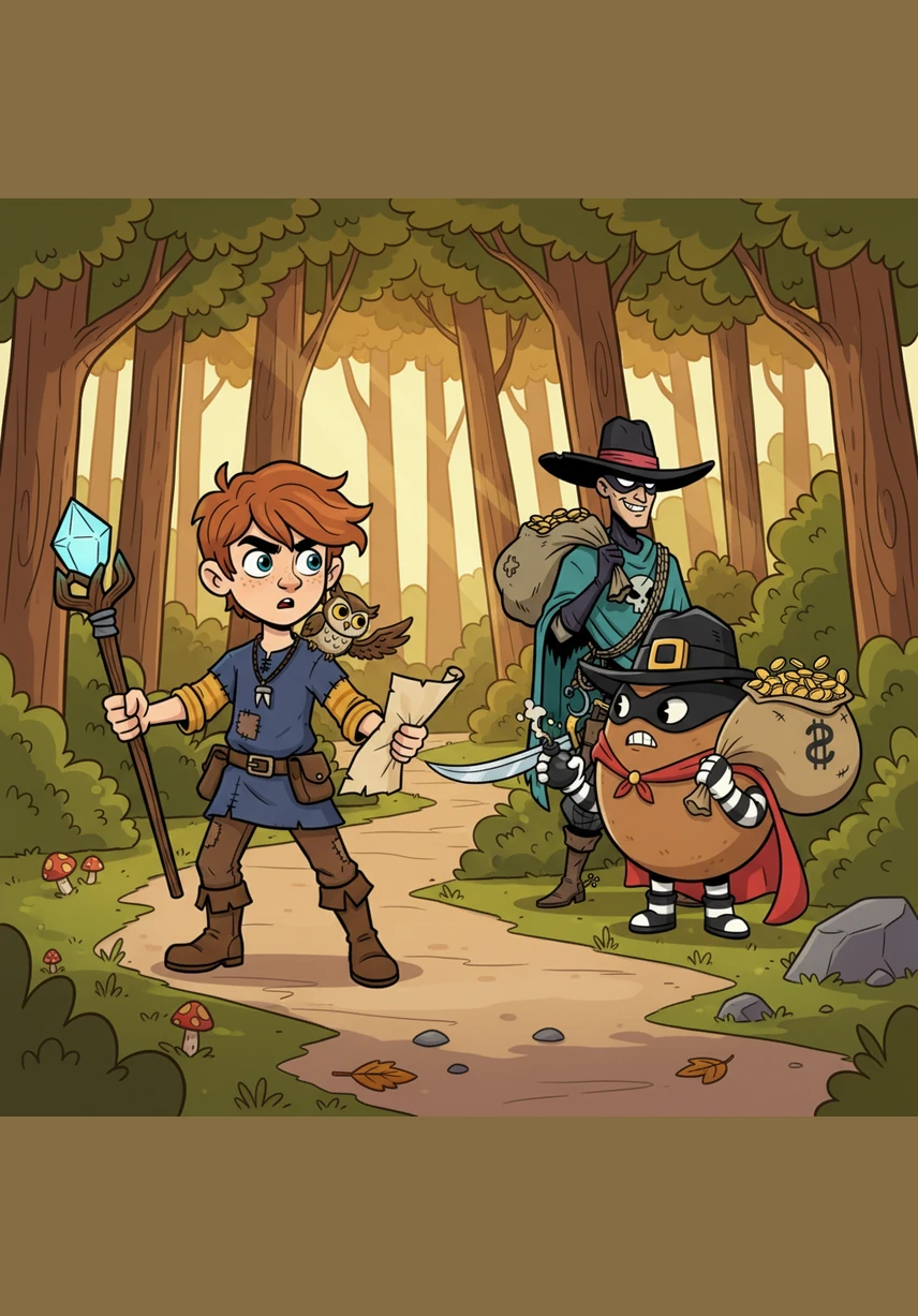 Suddenly, two bandits step out from behind the bushes to block Bristol's path. One is tall with a long, curly moustache, while the other is round with a messy beard, both trying their best to look very scary and intimidating.