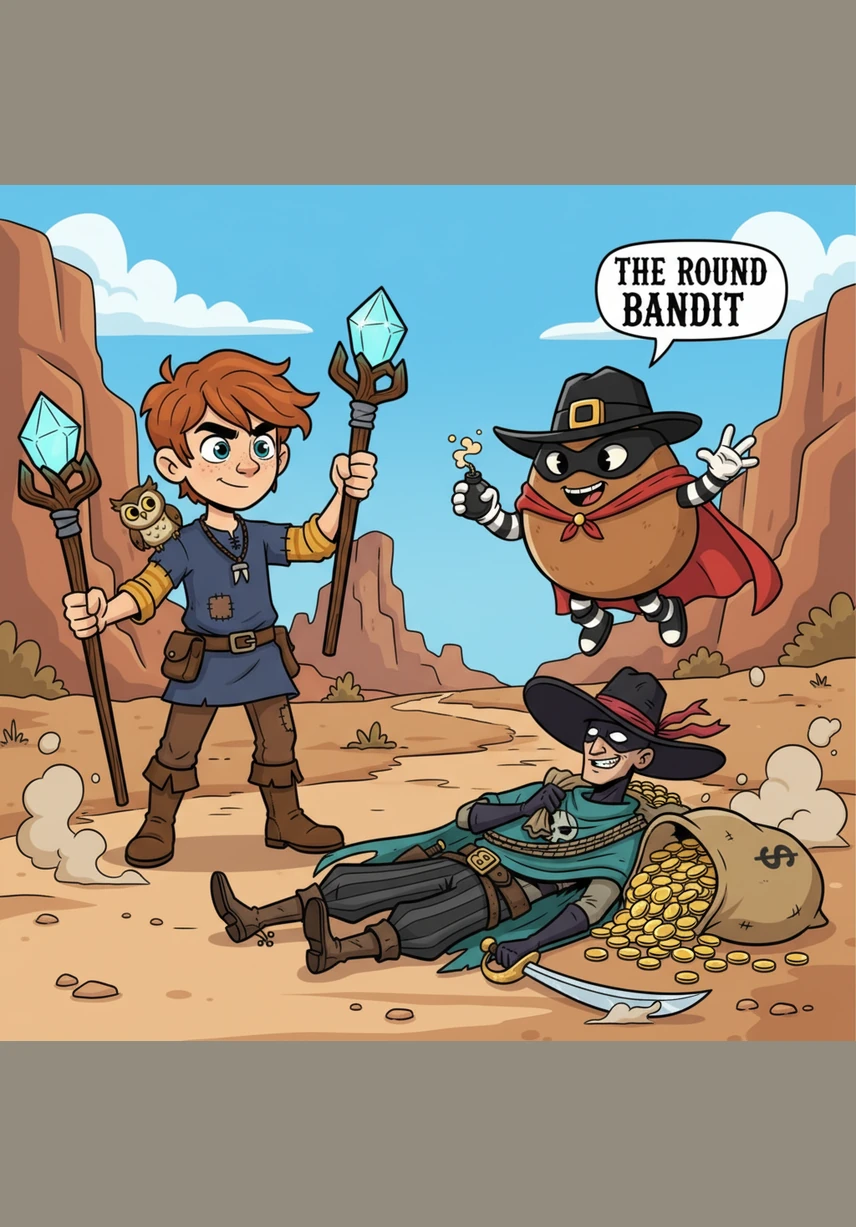 Instead of being afraid, Bristol calmly points to a wooden sign that marks the Wild Valley Path. He flashes a friendly smile and invites the surprised bandits to join his quest, turning a scary encounter into an unexpected invitation for adventure.