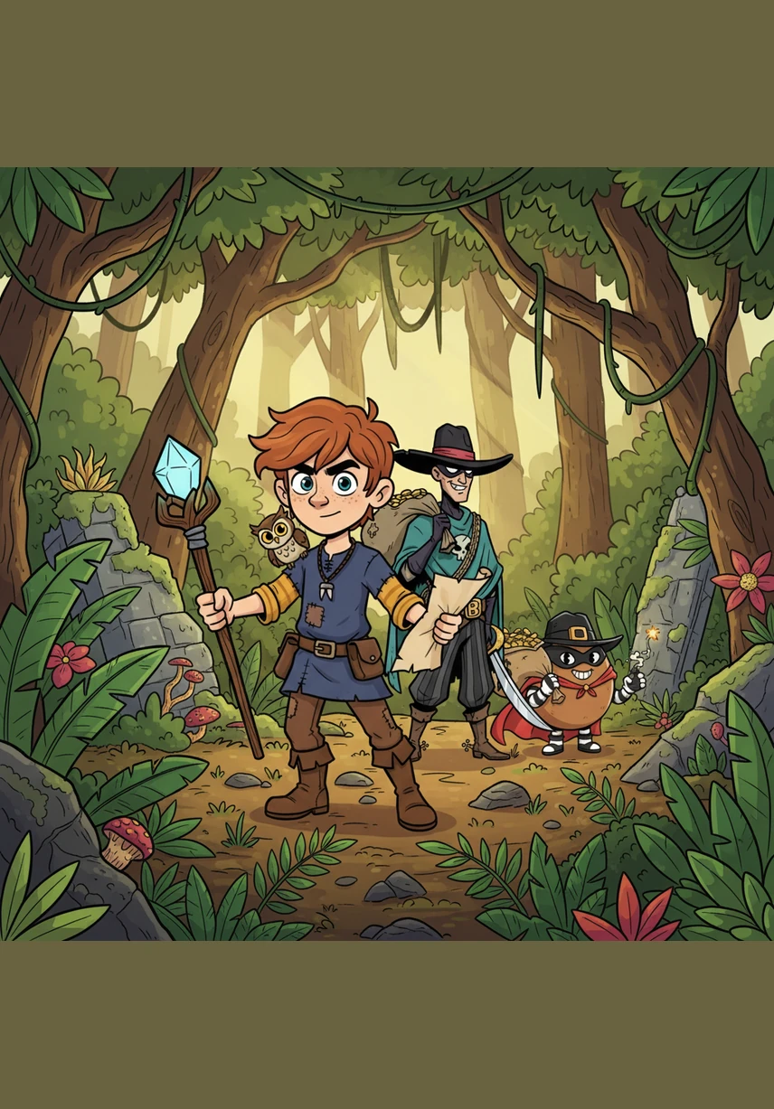 The unlikely trio enters a lush jungle where sunlight filters through giant leaves and vines sway gently in the breeze. The bandits look a bit nervous about the chirping birds and strange sounds, but Bristol leads the way with confidence and wonder.