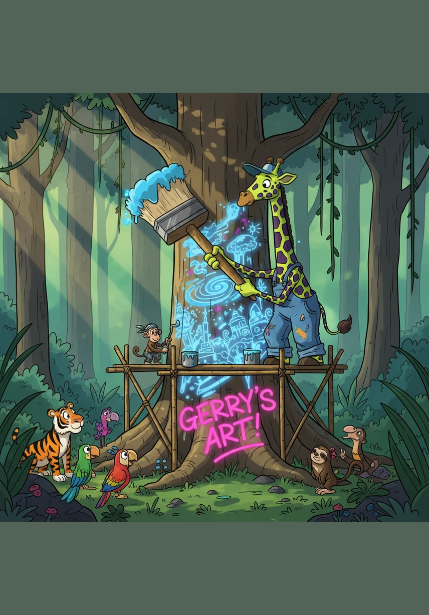High above the ground, Gerry the Graffiti Giraffe uses a giant paintbrush to decorate the jungle walls with bright shapes and stars. Bristol claps with joy as Gerry finishes painting a giant, smiling banana on a rock, showing the bandits that the jungle is a place of art and fun.