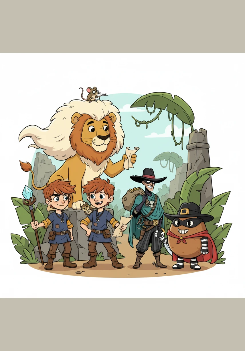 They soon meet Leo the Lion, who has a mane as soft as a cloud, and his tiny partner, Clive the Mouse. Clive wears round glasses and carries a tiny map, ready to guide the group toward the most challenging part of their journey.