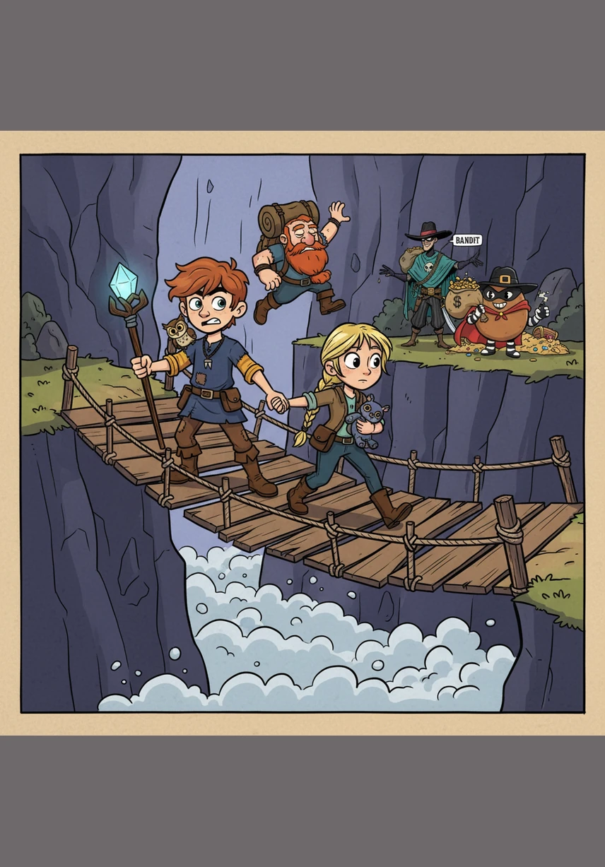 The group faces the Great Wobbly Bridge, which bounces and sways high above the ground. While the bandits tremble and squeak with every step, Leo walks steadily and Bristol holds on tight, laughing as they bravely make it across to the Echo Tunnel.