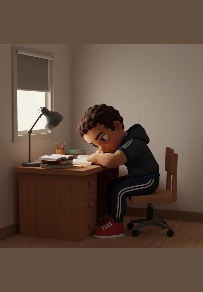 Leo sprawls on his messy bed, surrounded by discarded socks and unread books. His dark, messy hair falls over his eyes as he stares blankly at a video game screen, ignoring the world outside his door and the chores left undone.