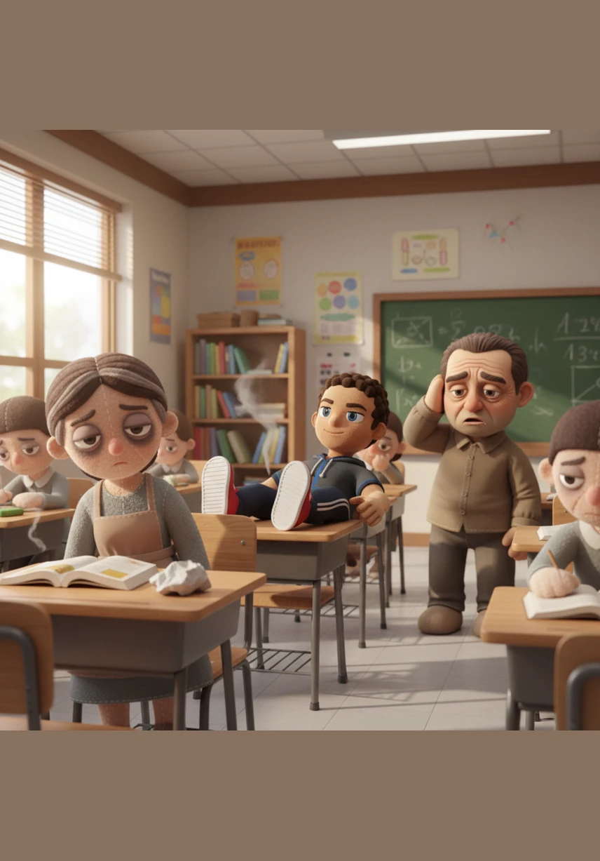 In the back of a brightly lit classroom, Leo leans back in his chair with a bored expression while his classmates take diligent notes. The teacher sighs, placing a test paper with a low grade on his desk, but Leo just looks away, disconnected from his own future.