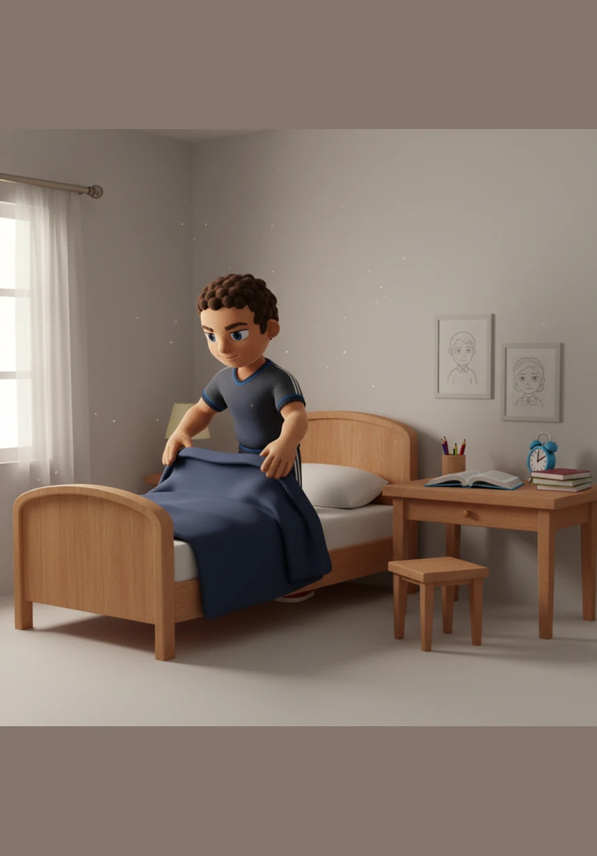 The next morning, the sun barely peeks through the window as Leo stands in a now-spotless room. He carefully tucks in the corners of his bedsheets and organizes his desk, his expression focused and determined for the first time in years.