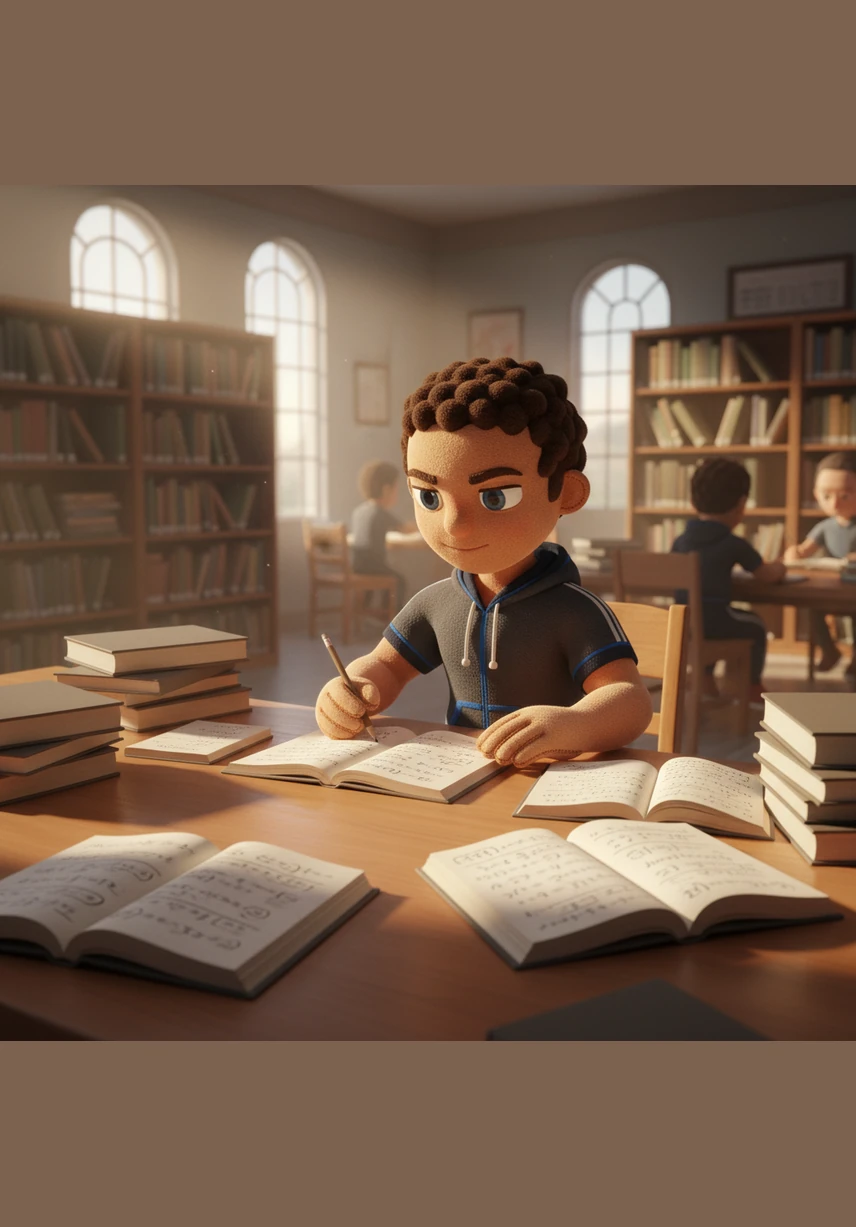 Leo sits in the quiet school library, surrounded by thick textbooks and notebooks filled with careful handwriting. He works through complex math problems late into the afternoon, his brow furrowed in deep concentration as he refuses to give up until he understands every page.