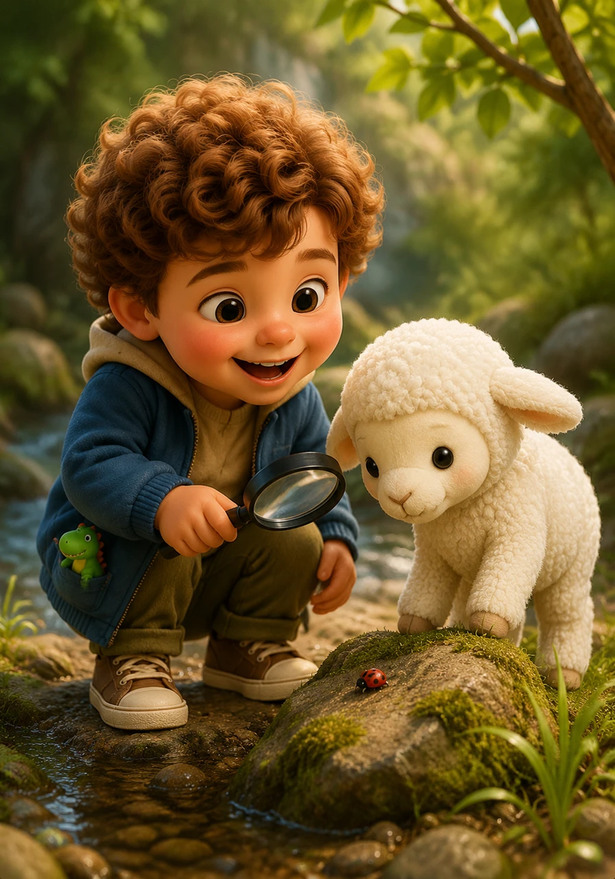 Meet Lelem, a cheerful four-year-old with bouncy brown curls and a big heart. He is never without his best friend, a soft white sheep named Bé, and he always keeps a brave toy dinosaur tucked in his pocket as they explore the world together.