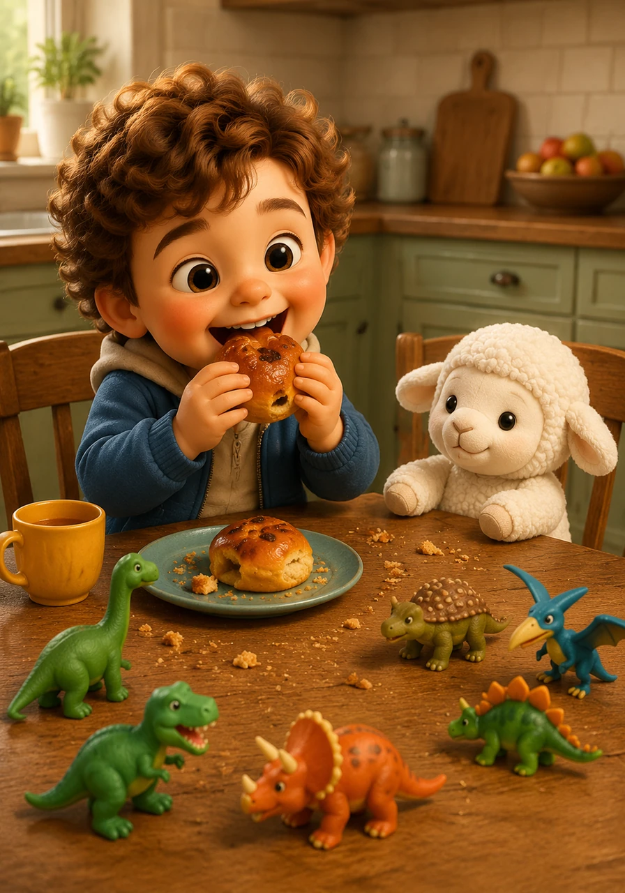 Lelem sits at the kitchen table happily munching on his favorite snack, a warm raisin bun. His toy dinosaurs are scattered across the table like tiny prehistoric guests, while Bé the sheep sits in the chair beside him, watching the crumbs with a smile.