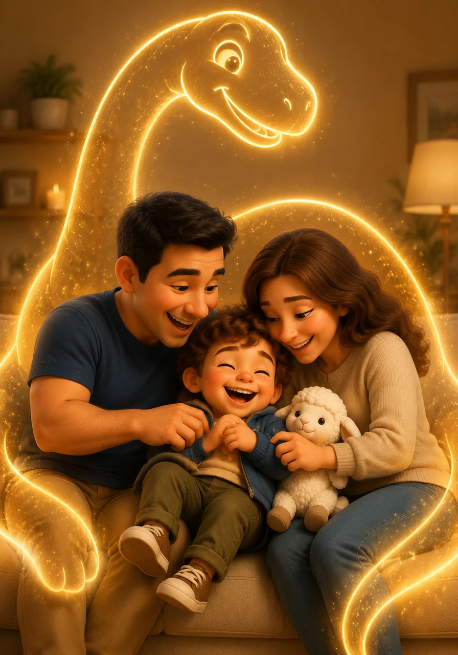 In the cozy living room, Mom and Dad tickle Lelem until he bursts into fits of giggles. As they cuddle on the sofa, a giant, glowing outline of a friendly Brachiosaurus surrounds them, representing a love that is bigger than the tallest dinosaur.