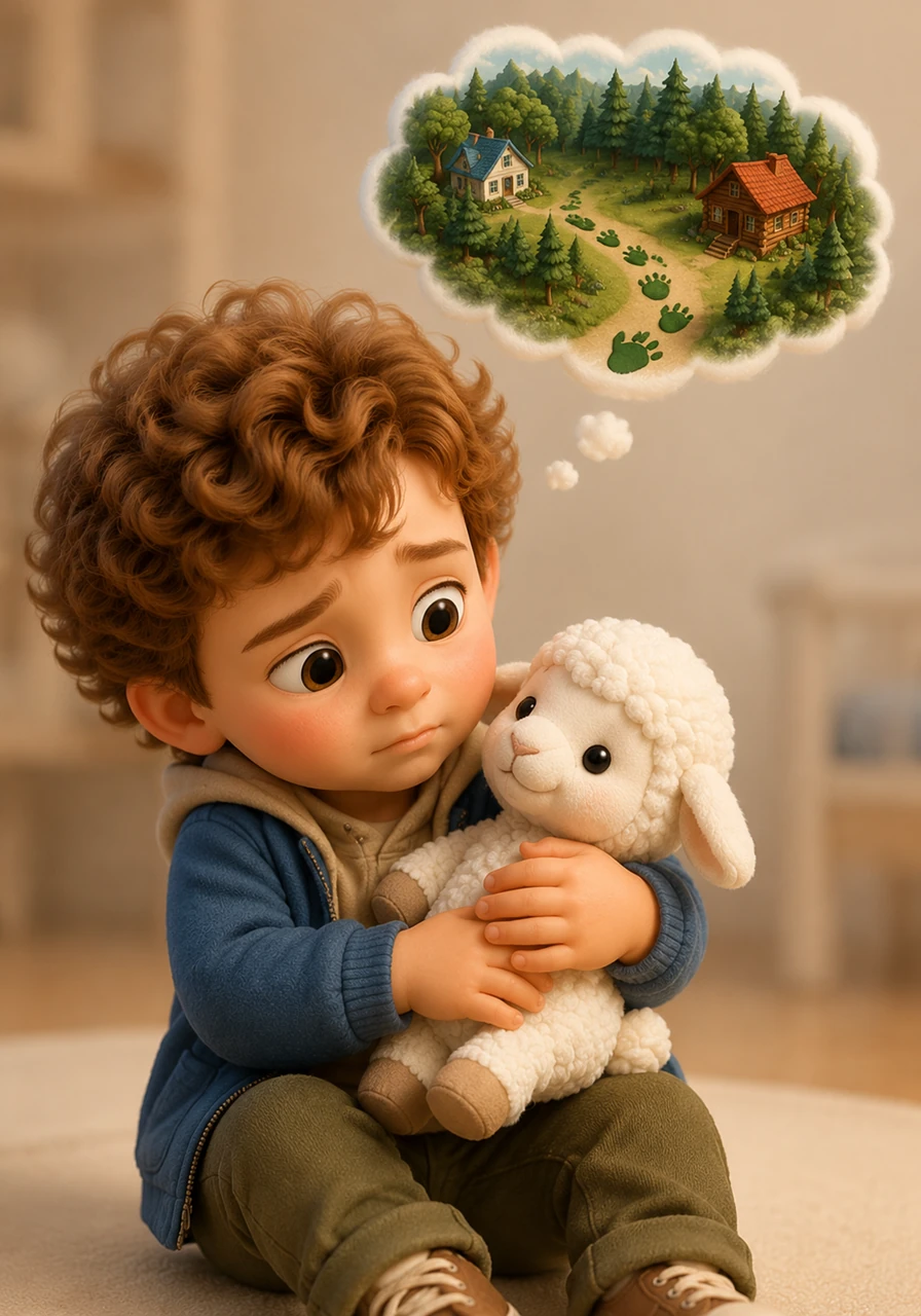 Lelem looks down at Bé, feeling a little bit worried about this new change. He wonders if his parents' love will be split into two pieces, and a small thought bubble shows a map where dinosaur footprints connect two colorful houses in the woods.