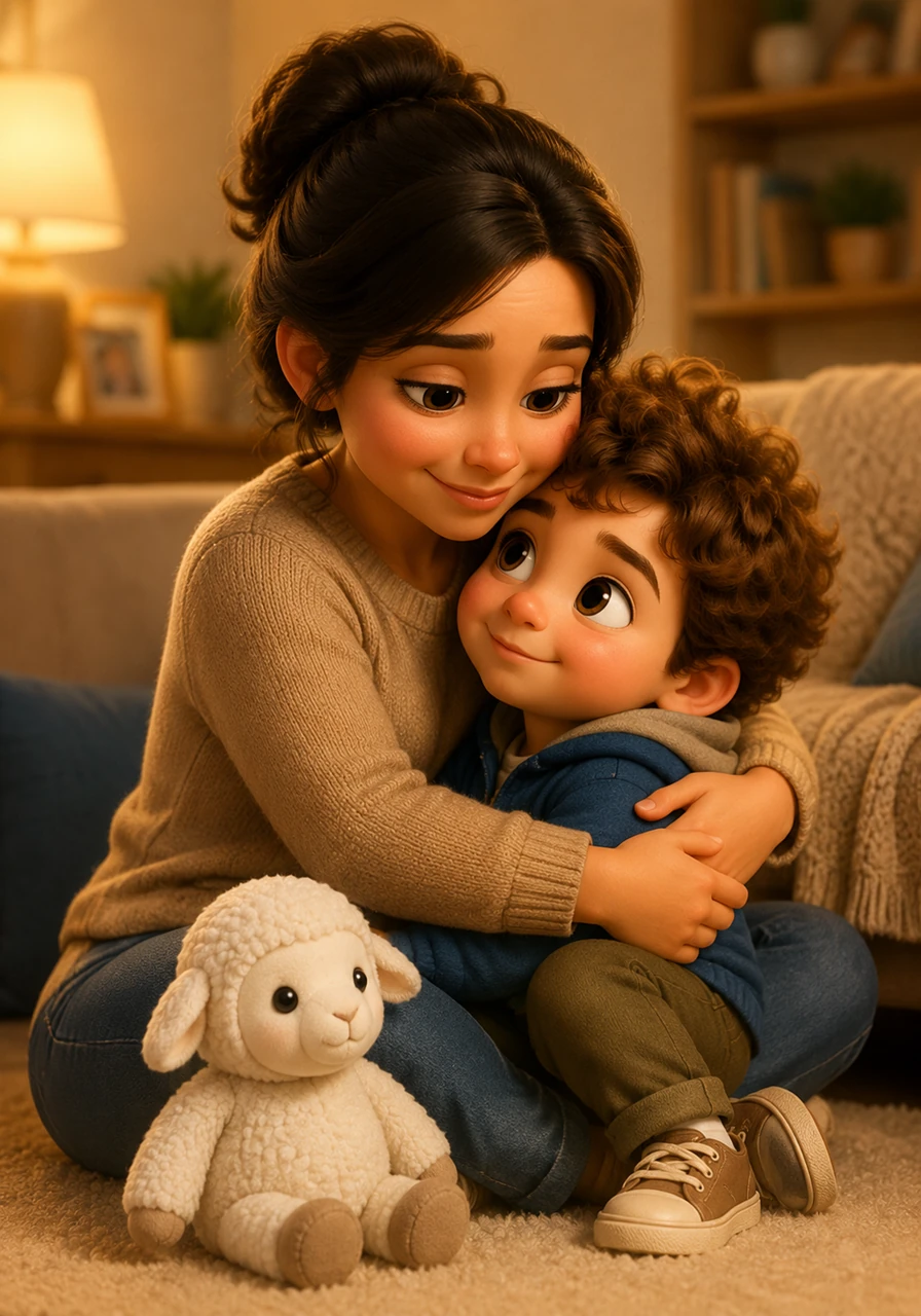 Mom gives Lelem a big squeeze and explains that love isn't like a toy that stays in one room. She tells him that just as Bé is still his favorite sheep no matter where they go, their love for him stays exactly the same size in every house.