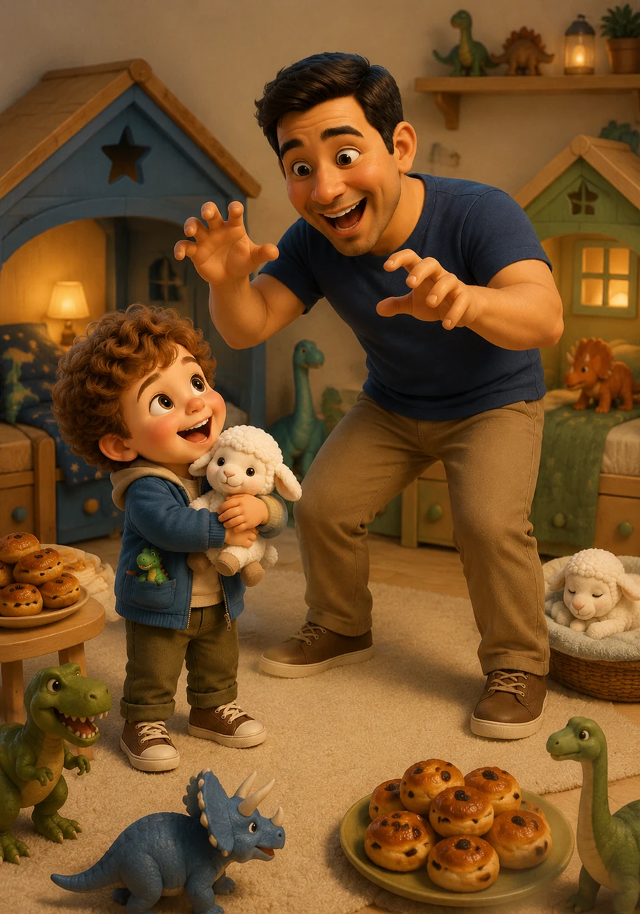 Dad lets out a playful dinosaur roar and tells Lelem that he is now a brave Explorer of two different territories. He promises that both houses will be filled with dinosaur toys, cozy beds for Bé, and plenty of delicious raisin buns.