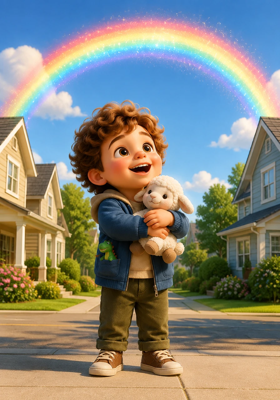 Lelem stands outside under a beautiful, shimmering rainbow that stretches from one house to the other. He finally understands that his parents' love is as strong as a T-Rex and that it doesn't divide when they move—it simply grows bigger.
