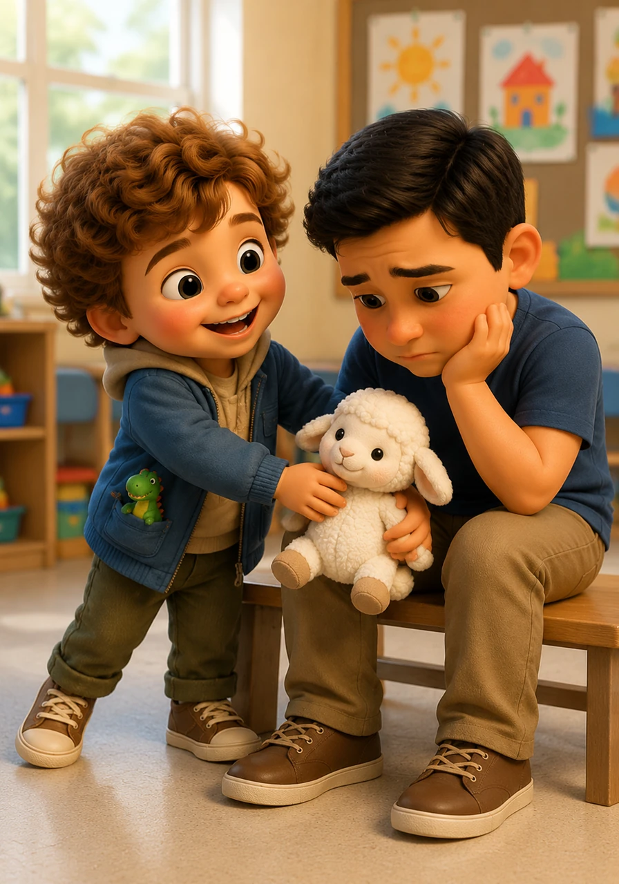 At school, Lelem notices his friend Tom sitting alone and looking very sad. With the courage of a true explorer, Lelem walks over and places Bé the sheep in Tom's lap, ready to share the secret of how love can live in two houses at once.