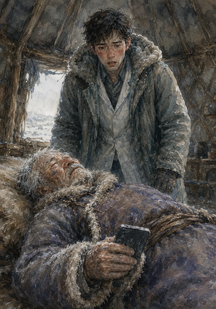 Тэнд хэд хоногийн өмнө хөлдөж өөд болсон байдалтай малчин өвгөний цогцос байх бөгөөд гар нь утаснаасаа чанга атгасан хэвээр байв. Эмч цочирдон, зүрх нь хүчтэй цохилж эхэллээ.