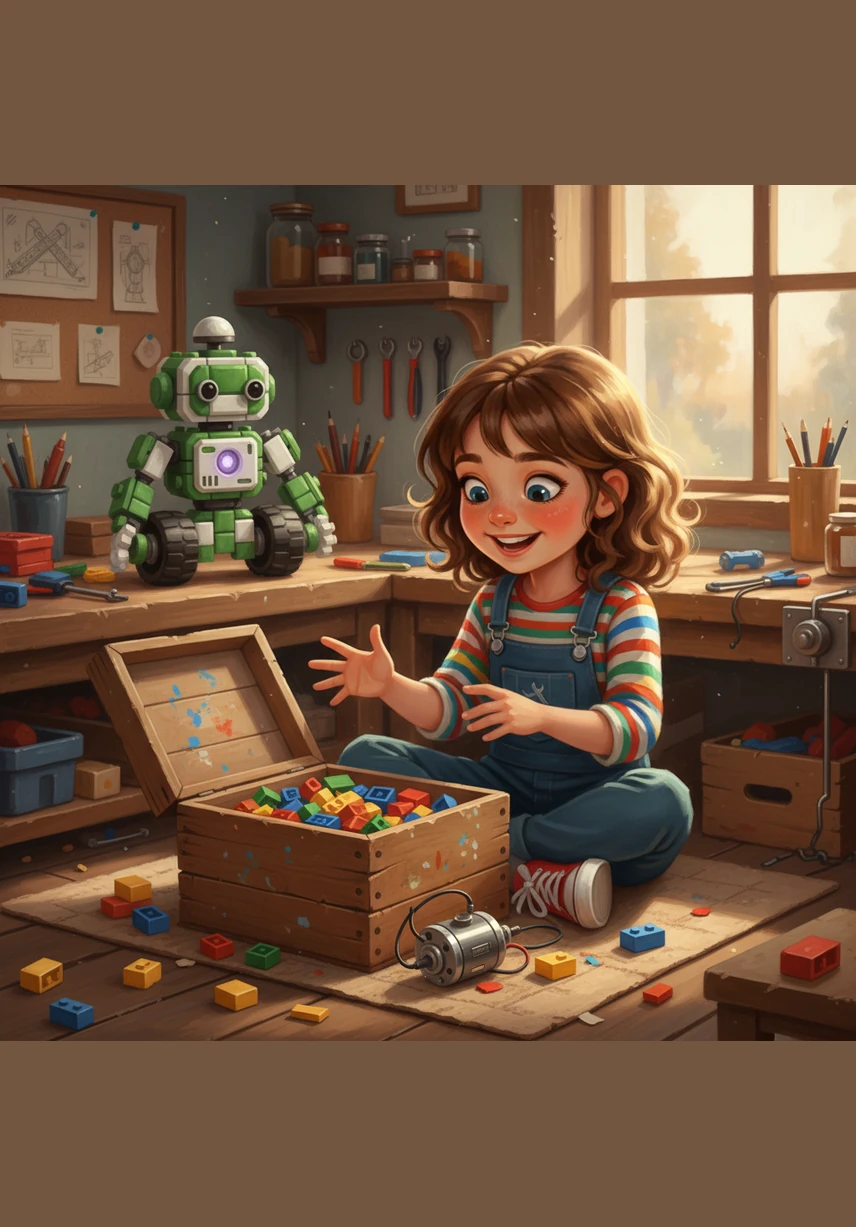 Leo finds a mysterious box full of colorful bricks and a special motor on her workbench. Her eyes sparkle with the possibility of bringing her wildest ideas to life as she spreads the pieces out.