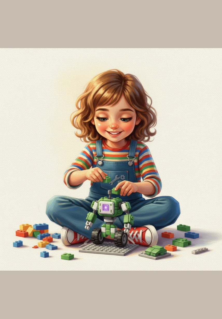 She begins to snap the green and white pieces together, building a sturdy base with wheels and interlocking gears. Every click of the plastic is a step toward creating a brand-new mechanical friend.