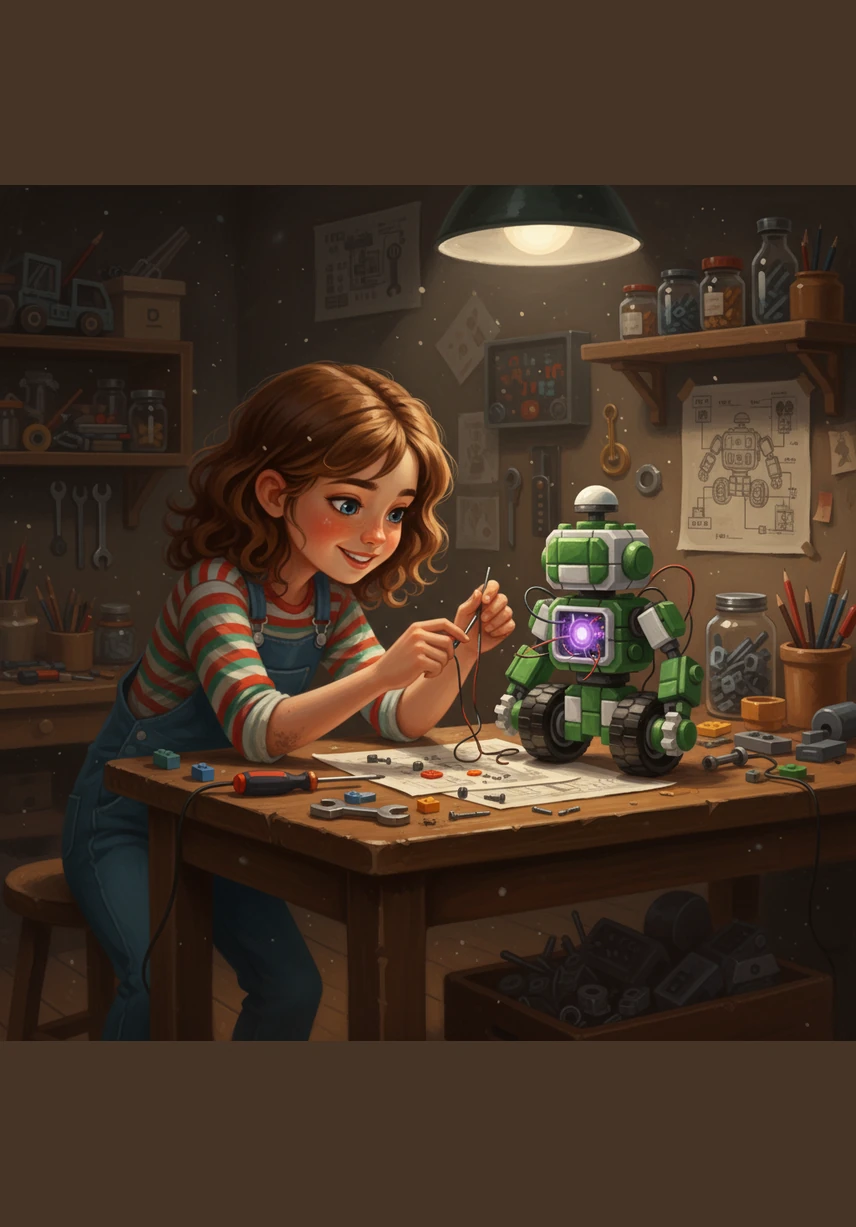Leo adds the smart hub, the electronic heart of her creation, connecting it carefully to the motor. She decides to name her little robot Sparky and imagines all the adventures they will have together.