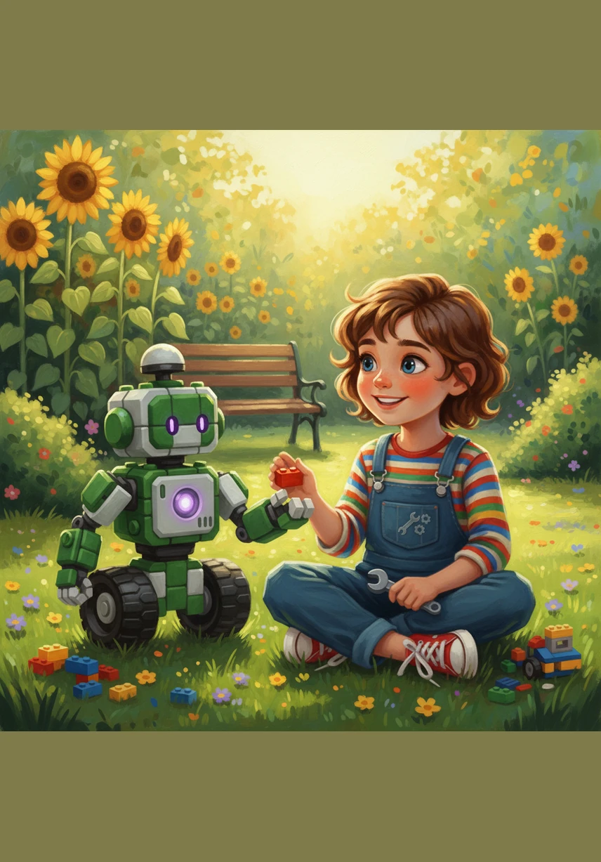 They head to the garden where Leo builds a clever pulley system for Sparky to operate. Together, they lift a small basket of flower seeds, demonstrating how robots can help humans with big, heavy tasks.