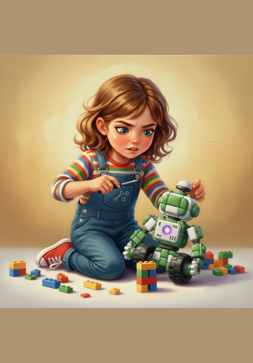 A challenge arises when Sparky gets stuck on a thick rug, but Leo refuses to give up. She patiently adjusts the code and adds bigger wheels, learning that trial and error is just part of the fun of engineering.