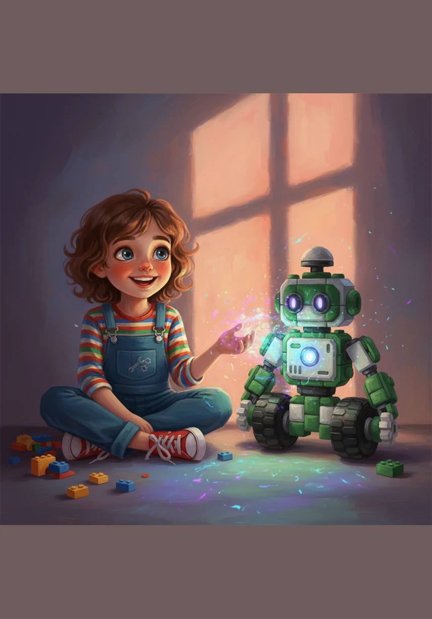 As the sun begins to set, Leo and Sparky create a beautiful light show using the hub's glowing LED. The room fills with shifting colors of blue, green, and purple, celebrating a day of innovation and discovery.