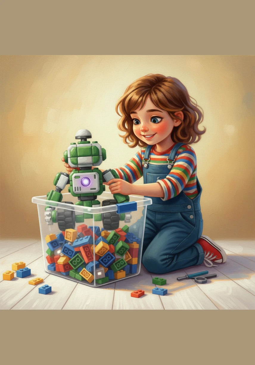 Leo tucks Sparky into his building bin, already dreaming of the complex inventions she will build tomorrow. She realizes that with her imagination and a few smart bricks, she has the power to build a whole new world.
