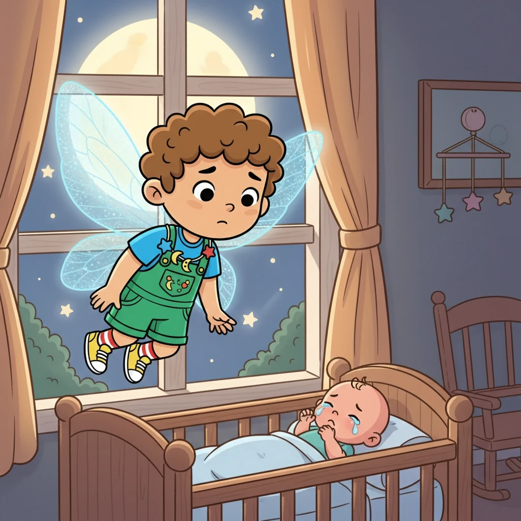 En una ventana iluminada por la luna, el Hada de los Chupetes, con sus alas brillantes, observa a un recién nacido en su cuna. El bebé llora suavemente, con sus mejillas sonrojadas y sus pequeños puños cerrados. El hada siente una profunda compasión por el pequeño.
