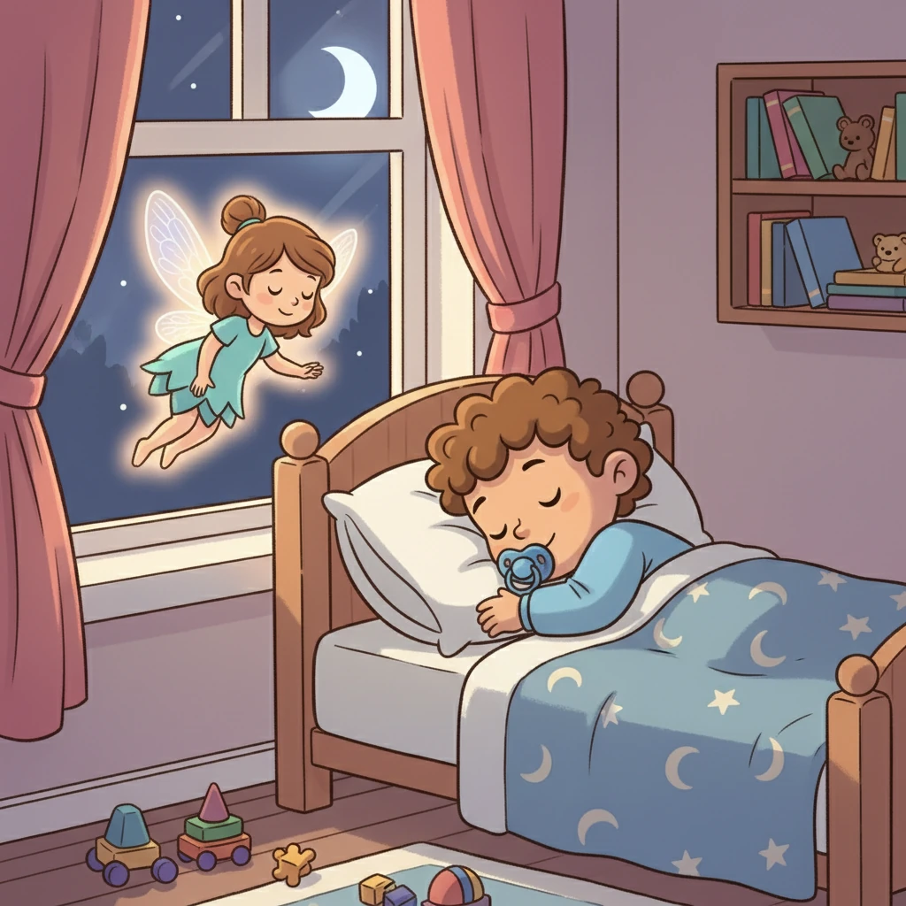 Desde otra ventana, el hada ahora contempla a Samuel, un niño de dos años, profundamente dormido en su cama. Samuel abraza su chupete, sonriendo plácidamente. El hada sonríe, sabiendo que Samuel pronto tomará una gran decisión.