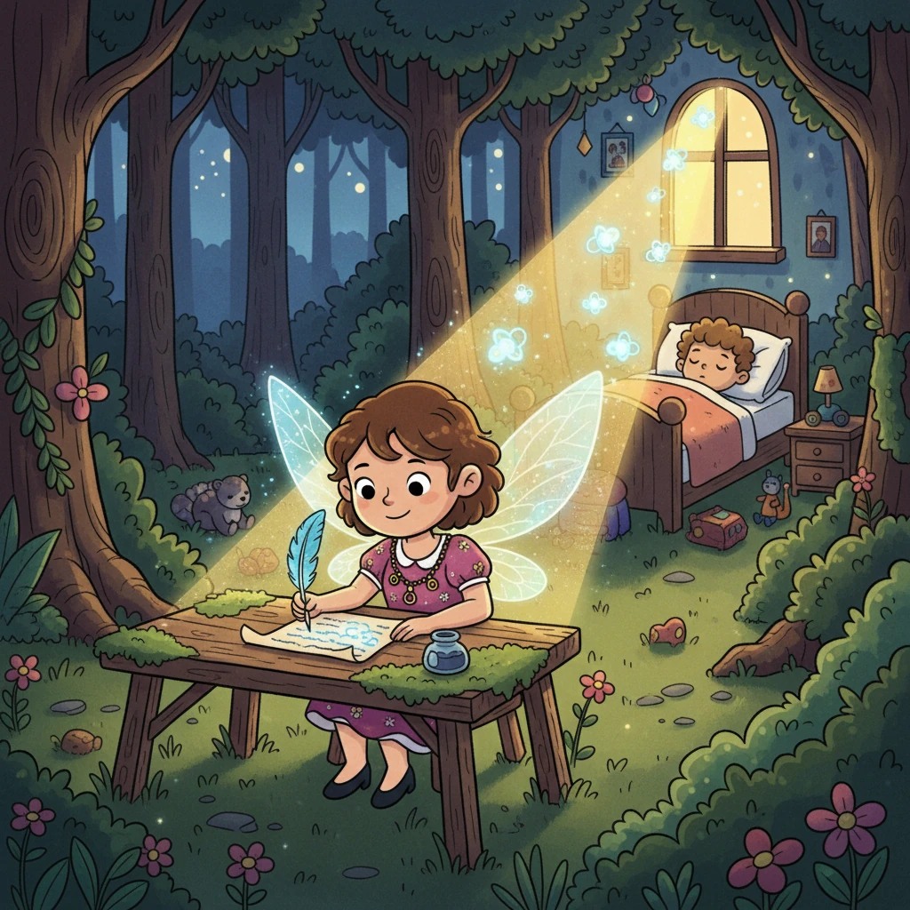 El Hada de los Chupetes escribe una carta, con pluma y tinta mágica, dirigida a Samuel. Le pide que comparta sus chupetes con los bebés que los necesitan. La carta es transportada por un rayo de luz hasta la habitación de Samuel.