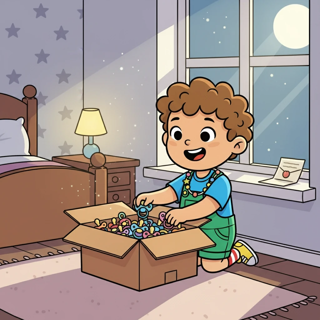 Esa noche, Samuel, con una gran sonrisa, prepara una caja llena de sus chupetes favoritos. La coloca cuidadosamente junto a la ventana, junto con la carta del hada. Está emocionado y orgulloso de ayudar.